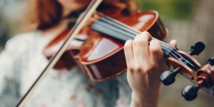 Girl in a summer park. Lady with a violin. Girl in a summer dress